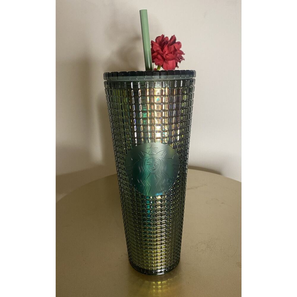 Starbucks 2022 Fall Green Aqua Grid Rainforest Venti Cold Cup Tumbler 24oz - New